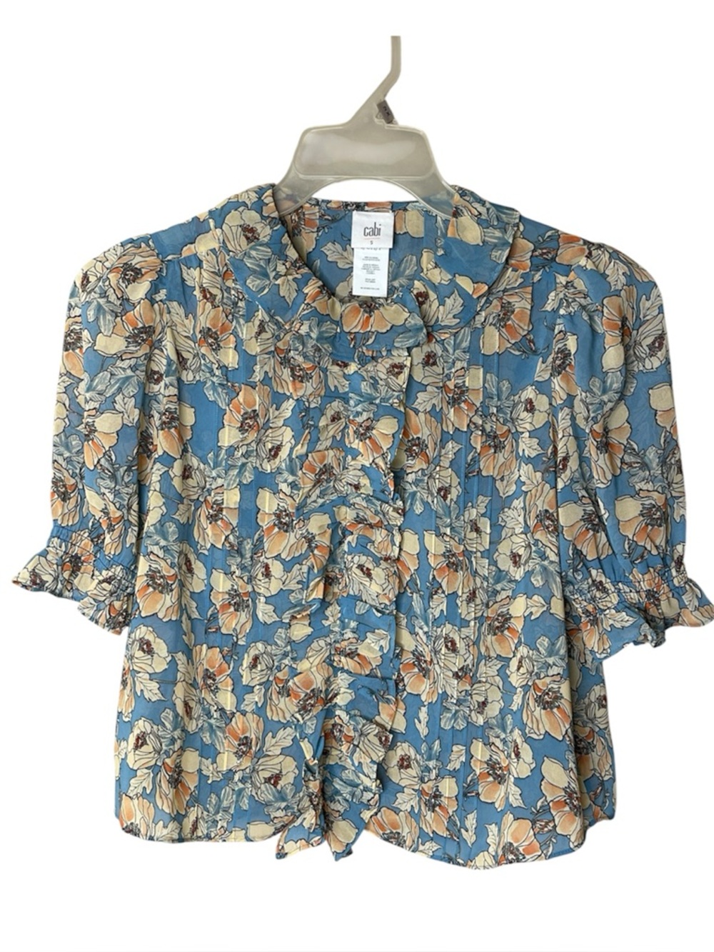 Cabi Cherish Blue Floral Ruffle Blouse Sz S - Picture 2 of 5